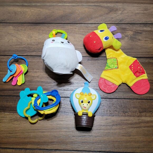Set of 5 Infant Toys: Keys, Rings, Music Balloon, Giraffe, & Crinkle Seal - Picture 1 of 11